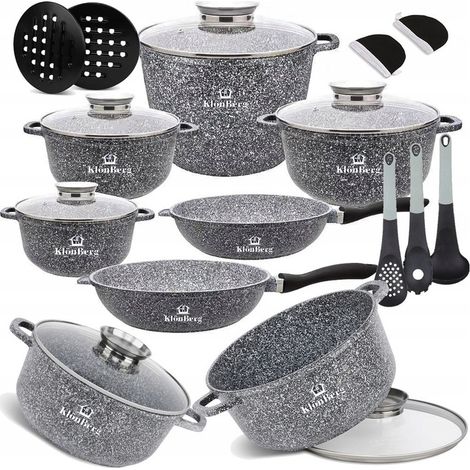 ENSEMBLE DE CUISINE EN MARBRE, CASSEROLE À GAZ/INDUCTION, POÊLE À FRIRE, 17 PIÈCES