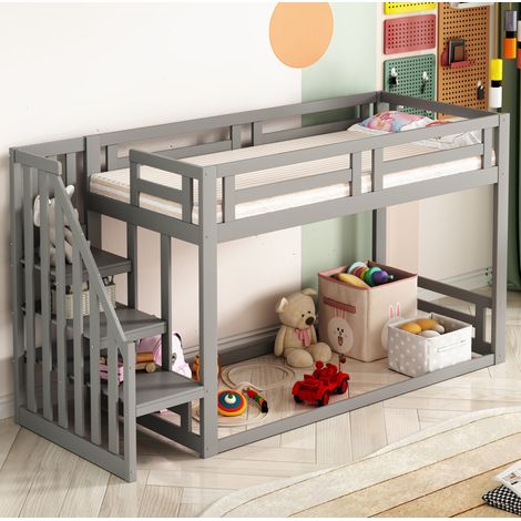 Cama litera infantil 90x200 cm de madera maciza gris, con escalera de seguridad y somier de láminas (1/5)