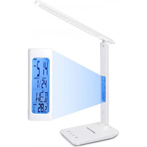 BEBUSINGOTO Lampe de table LED à intensité variable, 3 modes/5 niveaux de luminosité/écran LCD/réveil, protection des yeux tactile (blanc) (1/5)