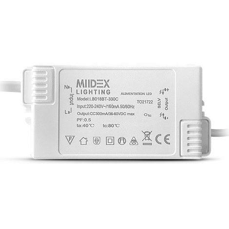 Alimentation LED 18W/36-60VDC CC300mA Miidex Lighting®