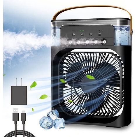 Ventilateur de climatisation portable avec lumière LED 7 couleurs, 3 vitesses de vent et 5 buses pour votre bureau, noir. (1/4)