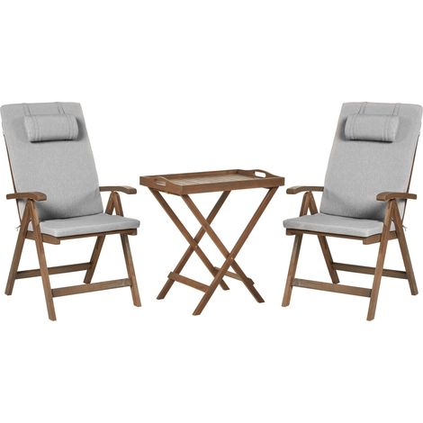 Ensemble de Bistrot de Jardin Rustique en Bois d'Acacia 2 Places Table et Chaises Réglable Pliable avec Coussins Mélange de Gris Amantea Premium