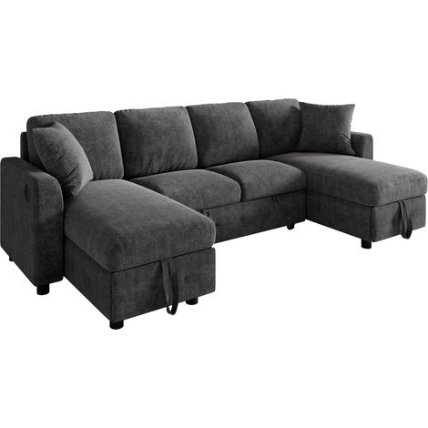 Sofá cama en U de chenilla gris con 2 almacenajes, USB y Type-C, 260x128x82 cm (1/5)