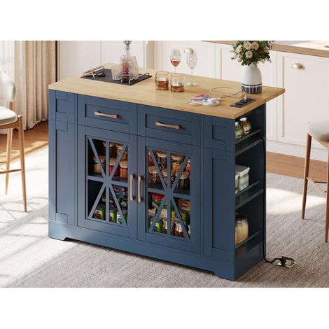 Modernluxe - Îlot central de cuisine mobile à plateau extensible avec USB, 2 tiroirs et 2 portes, MDF - bleu (1/5)