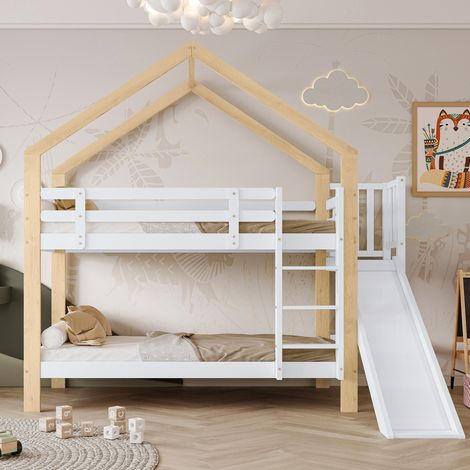 lit enfant superposé toboggan maison 90x200 bois blanc OKMYHOME (1/5)