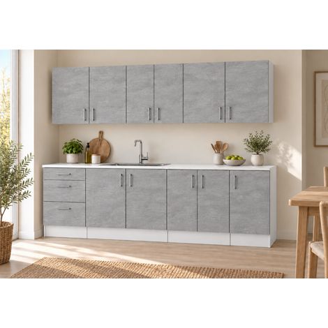 Küchenzeile 220 cm, 7 Schränke, Betonoptik, ohne Arbeitsplatte (1/5)