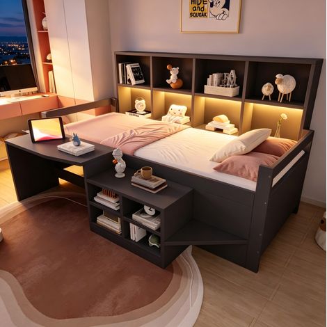 Einzelbett 90x200 cm Grau aus Holz und Holzwerkstoff mit Schreibtisch, Stauraum, Steckdosen und LED-Licht (1/5)