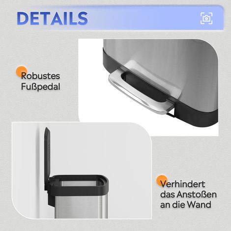 Irovami Poubelle à pédale 55 L – Couvercle souple, anneau de maintien, anti-odeurs, argent – Pour cuisine, bureau, chambre (1/3)
