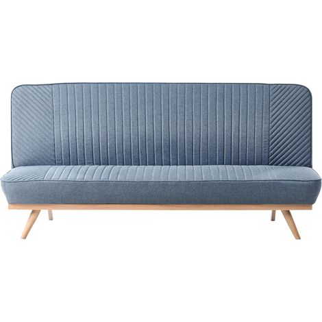 Sofá cama moderno de tela sin reposabrazos 2 plazas asiento y respaldo con costuras patas de metal acabado en madera azul Kalfafel