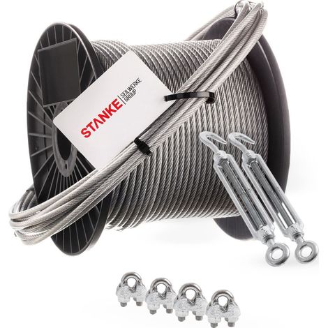 Seilwerk STANKE Câble d’acier galvanisé gainé (couche PVC) 5m diamètre 5mm 6x7, 2x Tendeur M8 èil-Crochet, 4x Serre-câble è étrier - SET 4