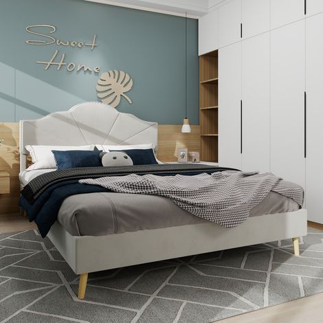 Letto per adulti 160×200cm, letto matrimoniale, rete a doghe imbottita, senza materasso, tessuto + metallo, beige (1/5)