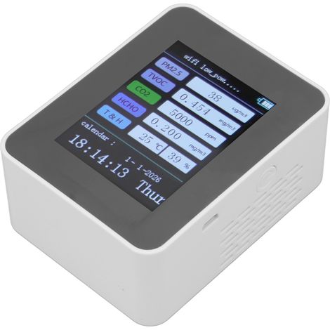 Moniteur de qualité de l'air intérieur TUYA WiFi avec mesure des PM2.5 et du formaldéhyde, fonction calendrier et heure 7 en 1, détecteur de qualité de l'air, blanc, version WiFi, mesure des COV (1/5)