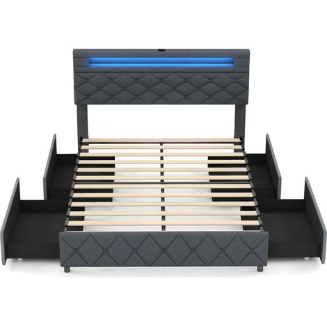 COSTWAY Double Size Bed Frame w/ Led Lights & Charging Station-Grey (1/5)