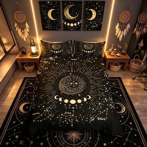 Parure de lit avec housse de couette imprimée soleil et lune, décor bohème exotique pour enfants, garçons et filles, thème astrologique galaxie, bohémien tribal, noir, avec 2 taies d'oreiller, 3 (1/3)