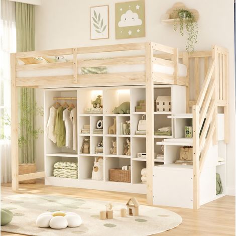 Cama alta 90 x 200 cm con almacenaje, armario, LED y escalera integrada, madera blanca (1/5)