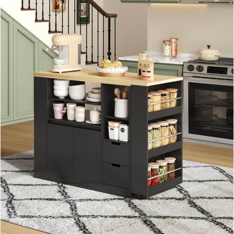 Isola da cucina 115x50x92 cm in MDF nero e legno naturale, allungabile, FloraGrace (1/5)