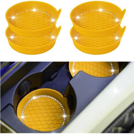 Dessous de verre pour porte-gobelet de voiture, insert universel pour porte-gobelet automobile, dessous de verre antidérapant motif chat, accessoires automobiles strass (jaune) (1/5)