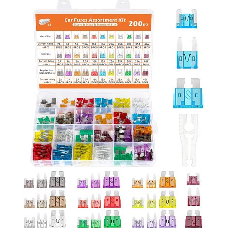 200 PCS Fusible Voiture Set, 64 Micro 68 Standard et 68 Mini Fusibles avec Extracteurs, 2A 3A 5A 7.5A 10A 15A 20A 25A 30A 35A 40A pour Auto Moto Truck RV Camion (1/5)
