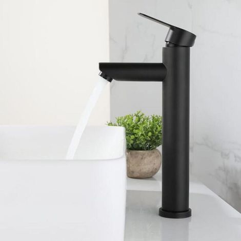 Grifo mezclador de lavabo de acero inoxidable con manguera de 60 cm – Grifo de agua caliente con cartucho cerámico, aireador de alta calidad, color negro. (1/4)