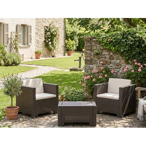 Dmora - Loungeset für draußen Camini, Outdoor-Lounge mit Couchtisch, Terrassenset mit Kissen, Gartenkomposition mit Sofa und Sesseln, Made in Italy, Braun (1/5)
