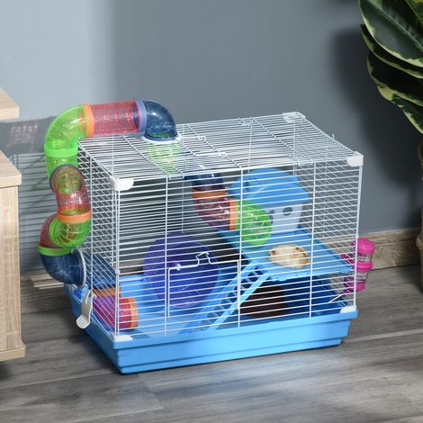 Cage Hamsters Maison Tubes Alimentation Eau Rampe Exercice Roue Poignée Portable Intérieur Comme Extérieur Aménagement Bleu Blanc 46x30x37cm