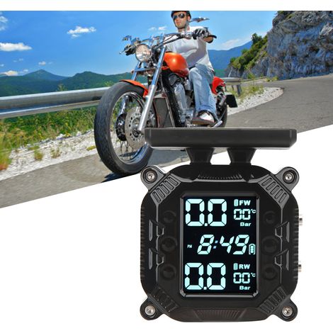 Solarbetriebenes Reifendruckkontrollsystem für Motorräder mit Display (Reifendruck + Zeit + Temperatur) und 2 externen TPMS-Sensoren (mit eingebauter Batterie). (1/5)