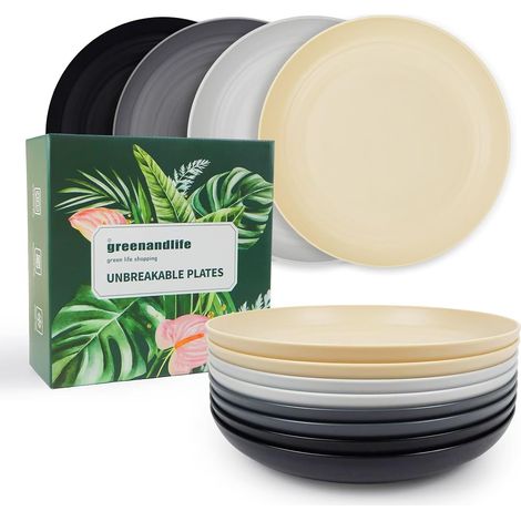 lot de 8 assiettes, assiette en plastique réutilisable de 25 cm, assiettes lavables au lave-vaisselle et au micro-ondes, incassables et légères (1/5)
