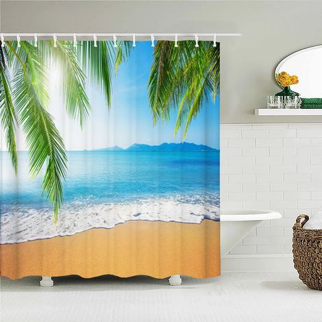 Rideau de douche 3D motif plage, rideau de salle de bain mer Méditerranée, tissu imperméable, 240 x 180 cm