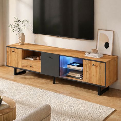 Mobile TV 190x40x50 cm naturale e antracite in pannello truciolare, 3 ante e LED (1/5)