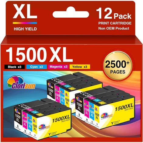 1500XL Cartouches d'encre pour Canon PGI-1500 1500XL pour Canon Maxify MB2150 MB2155 MB2350 MB2000 MB2050 MB2300 MB2750 MB2755 (3×Noir, 3×Cyan, 3×Magenta, 3×Jaune) Lot de 12