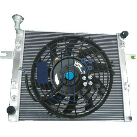 Radiador de aluminio + ventilador, núcleo de 545 mm x 590 mm x 40 mm, dimensiones totales 860 mm x 610 mm x 145 mm, entrada/salida de 38 mm, compatible con Jeep 4.0L L6, OEM CU2262 (1/5)