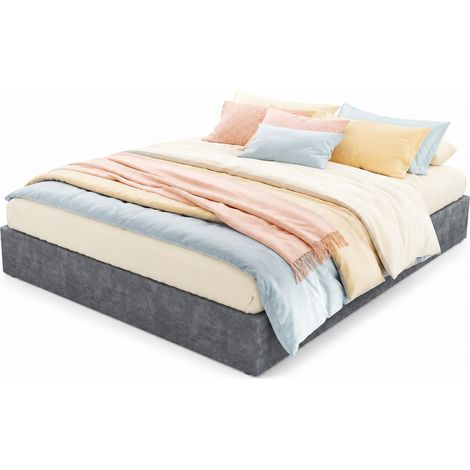 Lit coffre 160x200 cm en velours gris, structure métal, design géométrique moderne, sommier à lattes et vérins à gaz, gain de place pour chambre adulte - CHICFURN (1/5)