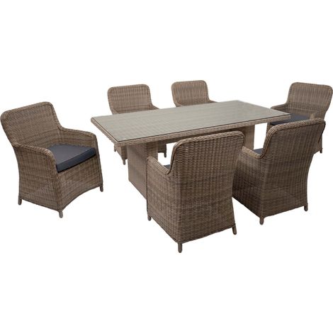 Poly-Rattan Garnitur HHG-084, Sitzgruppe Balkon-/Garten-/Lounge-Set, Spun Poly halbrundes Rattan MVG beige Kissen grau