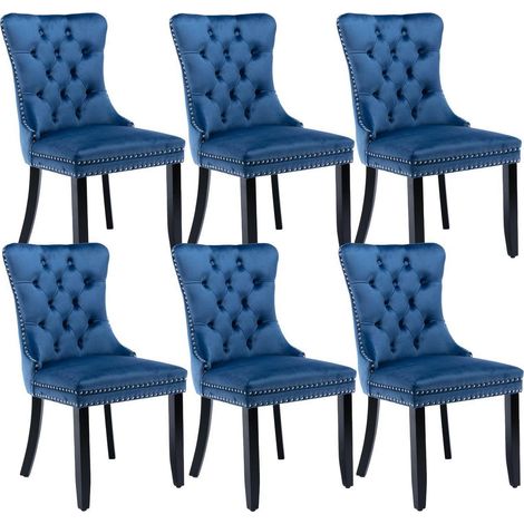 Samt Esszimmerstühle 6er Set mit hoher Rückenlehne und Massivholzbeinen, Blau (1/5)