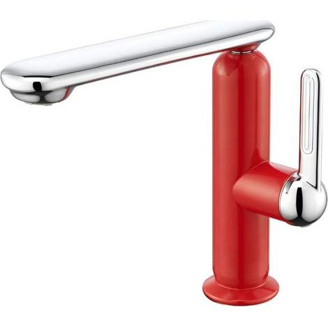 Hot/cold water mixer tap in 304 stainless steel for bathroom sinks and basins - Silver and red