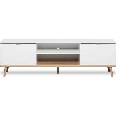 Les Tendances – Meuble TV scandinave GÖTEBORG – Blanc – 2 portes – Panneaux de particules – Pieds en bois massif – Dimensions L 160 x P 40 x H 50 cm (1/10)