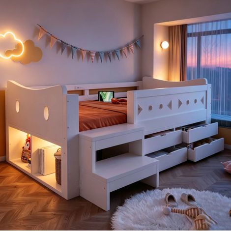 Cama infantil 90x200 cm blanca de madera con almacenaje, LED y puertos USB y USB-C (1/5)