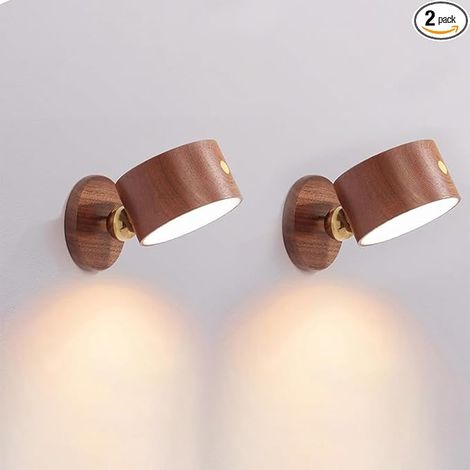 Wand- und Nachttischlampe aus Sapele-Holz, 2er-Pack – Wiederaufladbare, magnetische, 360° dimmbare Lampe, geeignet für Flure und begehbare Kleiderschränke (kabellos, keine Verkabelung erforderlich)