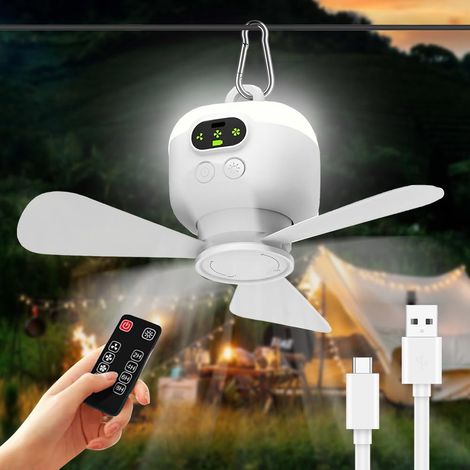 Camping-Lüfterleuchte, Deckenventilator mit Licht und Fernbedienung, LED-Campinglampe mit wiederaufladbarem USB-Lüfter, Timer, 3 einstellbare Geschwindigkeiten, für Zelt, Camping