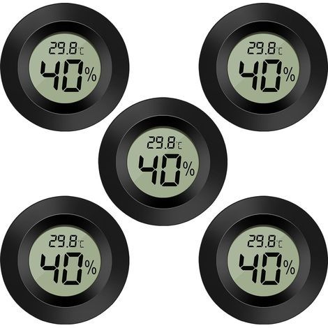 Set of 5 LCD digital thermometers and hygrometers, temperature gauge for humidifiers, dehumidifiers, greenhouses, basements, baby rooms, round black (1/5)