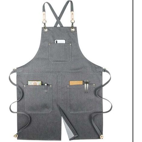 Kochschürzen für Damen und Herren mit großen Taschen, Einheitsgröße (grau), verstellbare Arbeitsschürze aus Baumwoll-Canvas mit gekreuzten Trägern (1/5)