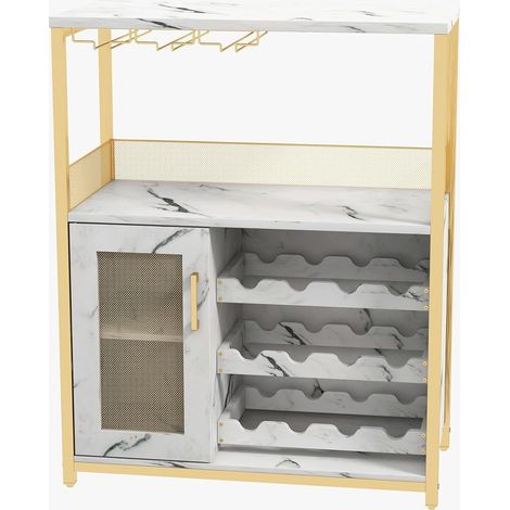 Casier à Vin pour 16 Bouteilles en Bois,Range-Bouteilles /Porte-Vin à 3 Étagères avec 3 Porte-Gobelets- LED,Meuble de Bar -Or (1/5)