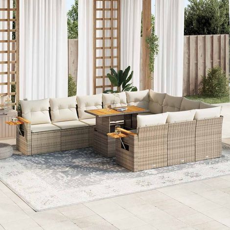vidaXL Salon de jardin 11pcs avec coussins beige résine tressée acacia (1/5)