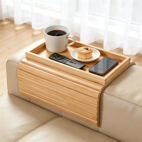 Plateau D'accoudoir Pliable en Bois Antidérapant, Plateau pour accoudoir de canapé, Table de Canapé Pliante en Bambou pour canapé, Chaise et Fauteuil pour collations, téléphone et Boissons (1/5)