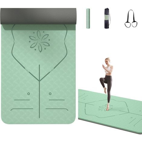 Tapis de yoga en TPE vert menthe (avec lignes d'alignement) — Antidérapant et extra-épais — Sac de transport et sangle inclus (185 x 61 cm) (1/2)