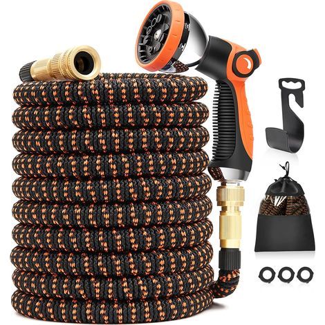 15m Garden Hose, 50FT Kink Resistant Expandable Garden Hose, 10 Pattern Flexible Garden Hose 3/4" & 1/2" Rotating Nozzle Copper, Hose Holder, Storage Bag (1/5)
