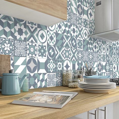 Sticker Mural Carrelage adhésif Cuisine Salle de Bain - 60 STICKERS CARREAUX DE CIMENT AZULEJOS PAOLI - 60stickers20x20cm (1/5)