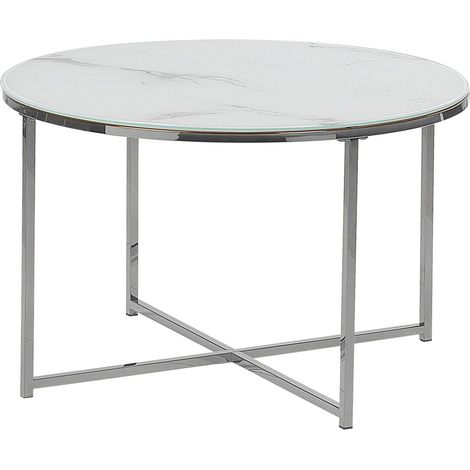 Tavolino Tondo con Piano Effetto Marmo Bianco e Base Argento 70 cm Quincy