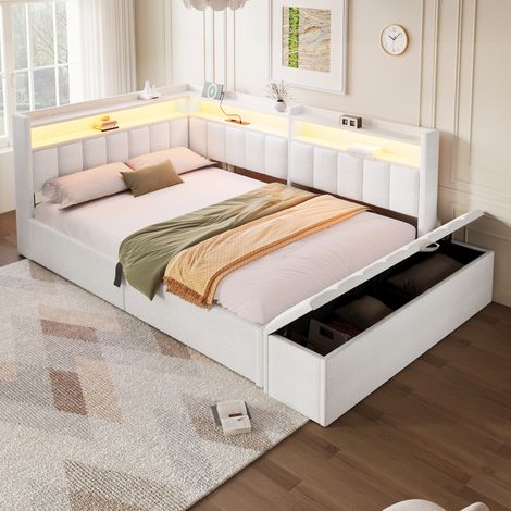 Lit banquette coffre 140 x 200 cm, rangement hydraulique, module latéral réversible, prise, port USB et LED, sans matelas, tissu lin beige (1/5)