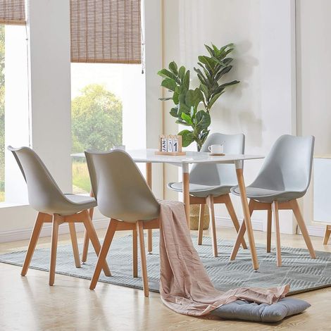 Essgruppe 4 Stühle mit Esstisch Rechteckig 110cm Weiß Grau (1/5)